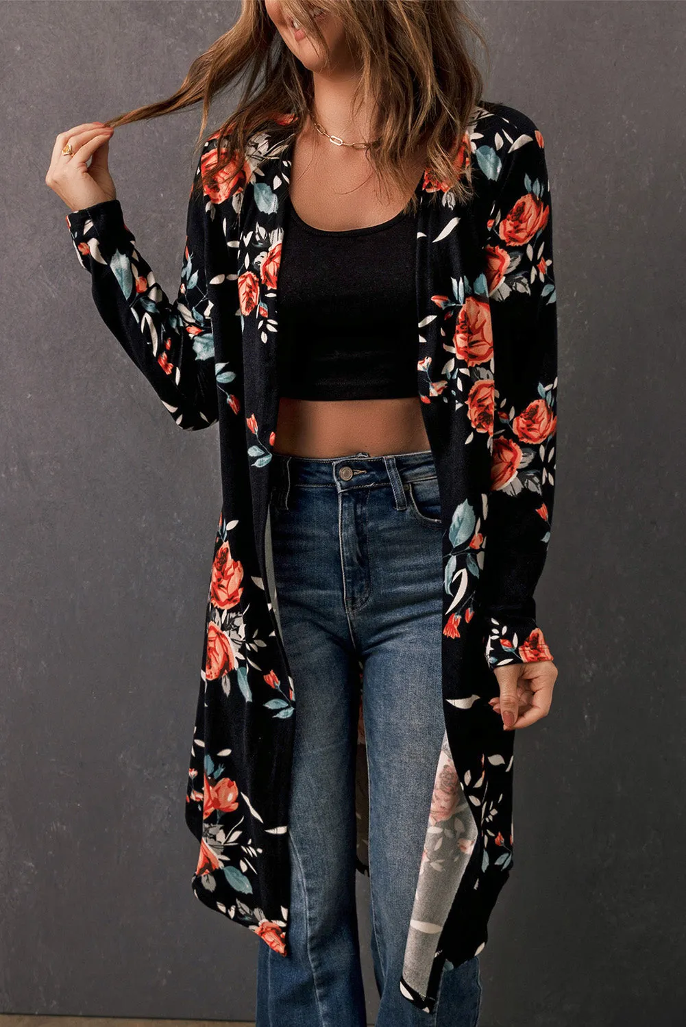 Bren Printed Open Front Longline Cardigan