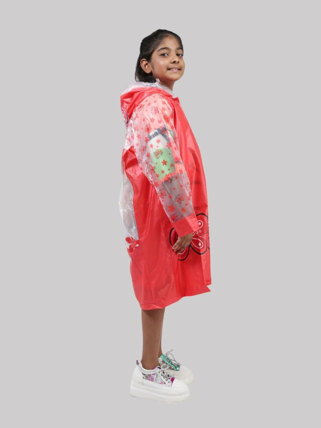 Bright Red Butterfly-Print Raincoat with Hood For Girls