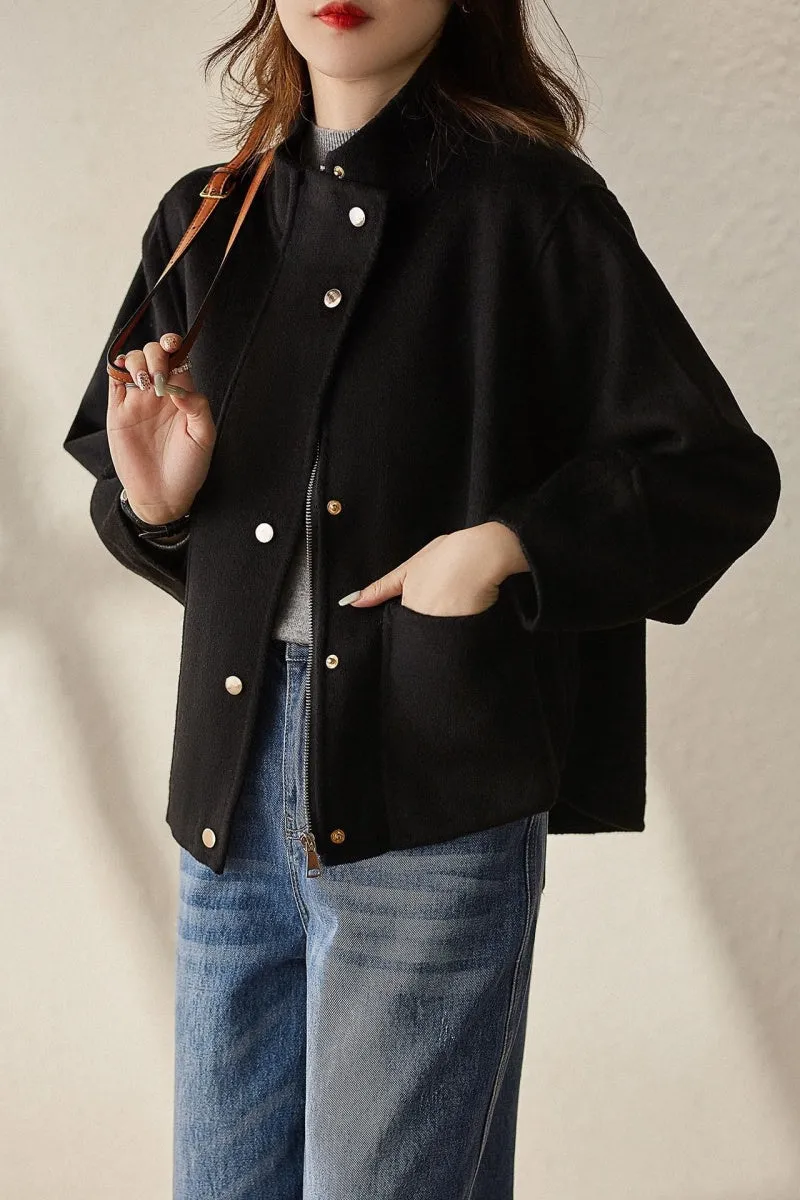 Chouyatou Women's Casual Stand Collar Single Breasted Short Wool Pea Coat Overcoat with Pockets