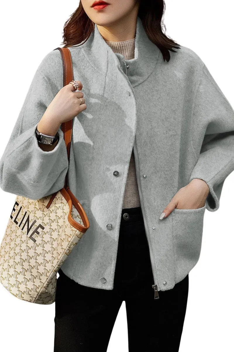 Chouyatou Women's Casual Stand Collar Single Breasted Short Wool Pea Coat Overcoat with Pockets