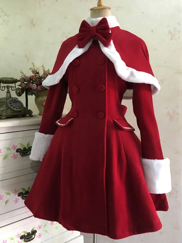 Classic Lolita Wool Coat Bow Double Breasted Furry Lolita Winter Overcoat