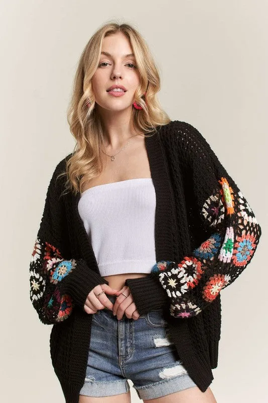 Full Size Contrast Crochet Open Front Long Sleeve Cardigan Plus Size