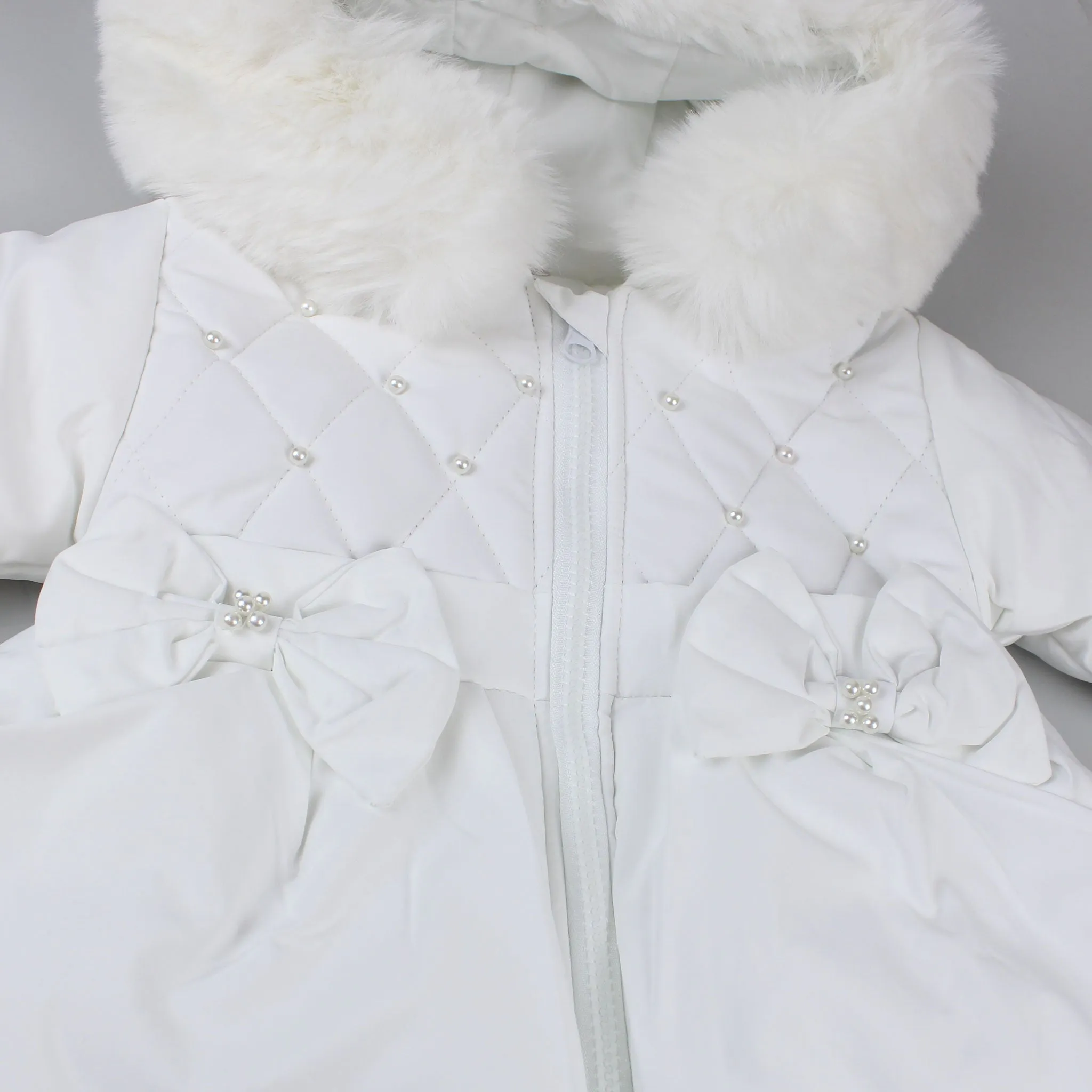 Girls White Puffer Quilted Winter Coat with Fur Trimmed Hood