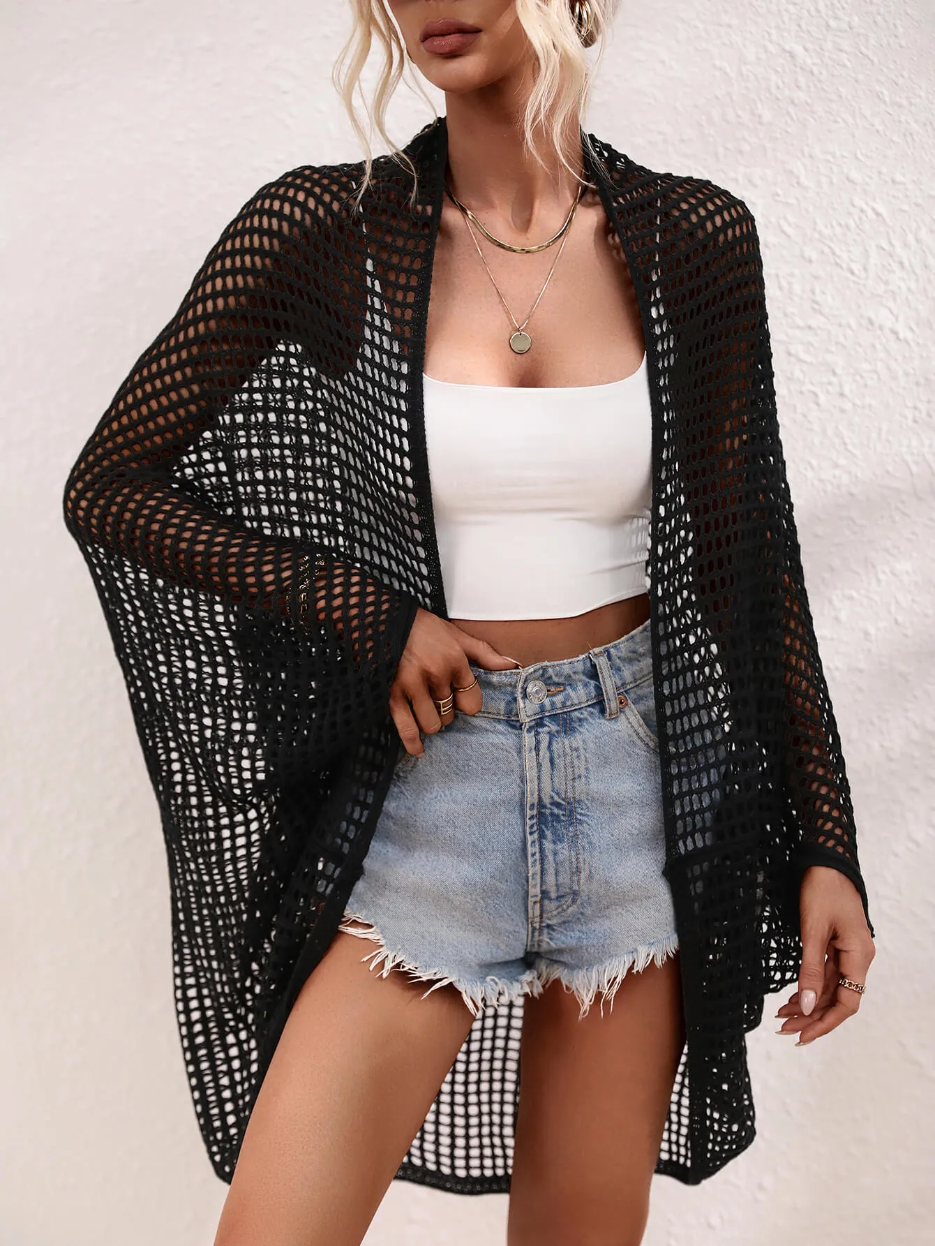 Opal Openwork Open Front Longline Cover Up