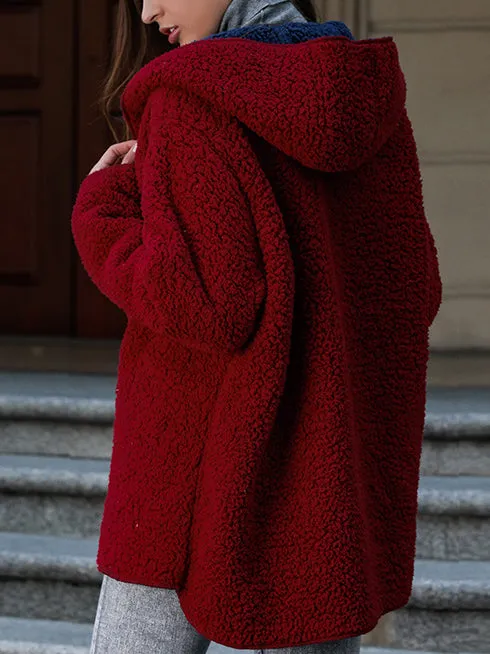 Solid Color Wool Hooded Fleece Jacket