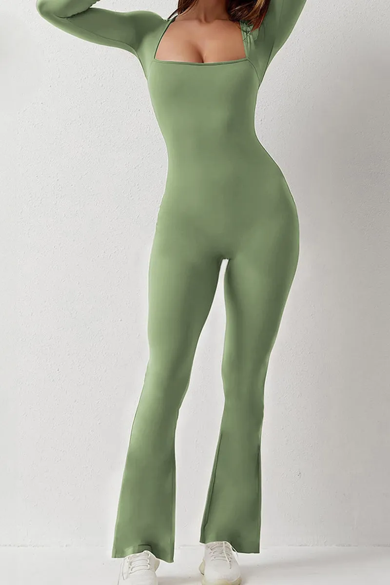 Sports Square Neck Long Sleeve Seamless Shaping Flared Jumpsuit