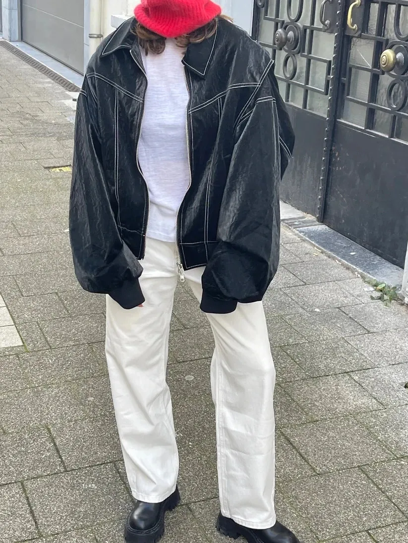 Vintage Contrast Stitch Lapel Long Sleeve Jacket