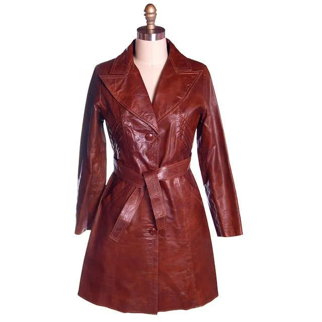 Vintage Ladies Leather Short Trench Coat Brown 1970s S-M J. Munoz