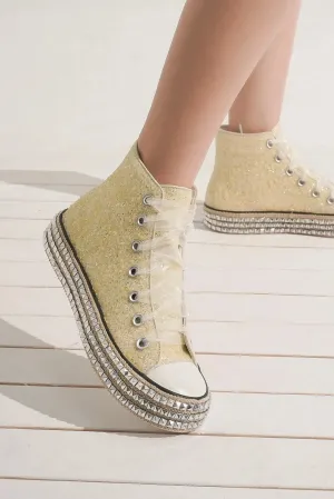 White Glitter Lace-Up Studded Platform Sneakers