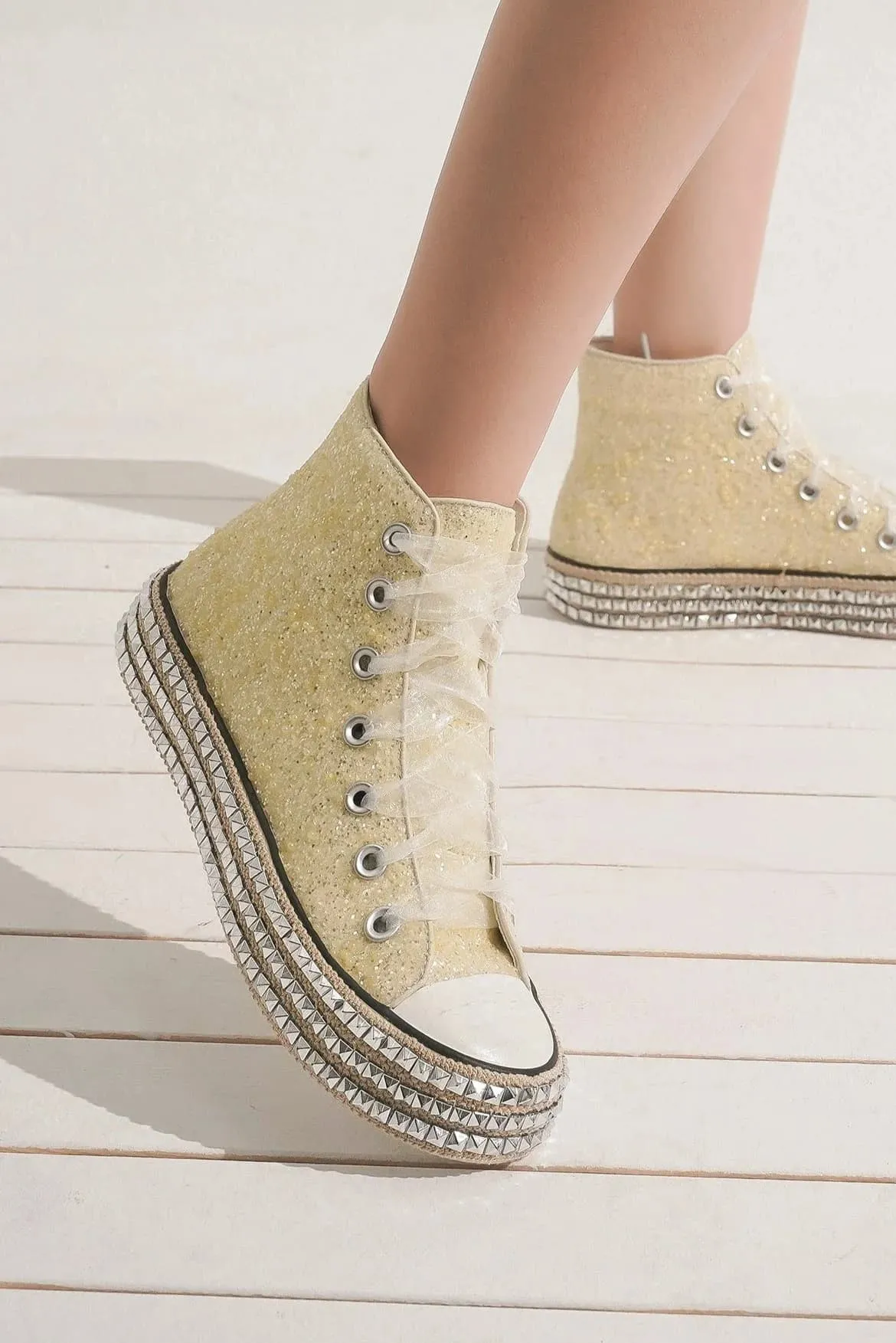White Glitter Lace-Up Studded Platform Sneakers