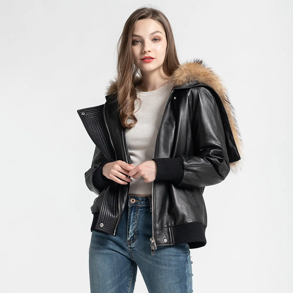 Women Black Hooded Down Coat Leather Jacket Raccoon Fur Collar Outwear