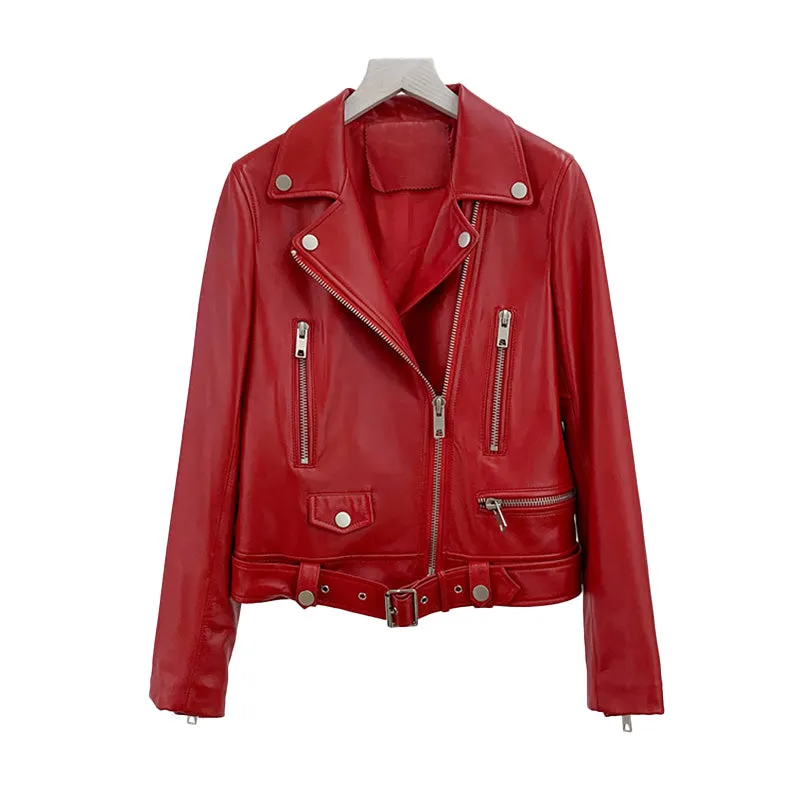 Women Genuine Leather Jackets Fashion Belt Motorcycle Jackets Biker Leather Coat For Lady 2022 Sheepskin FG4046