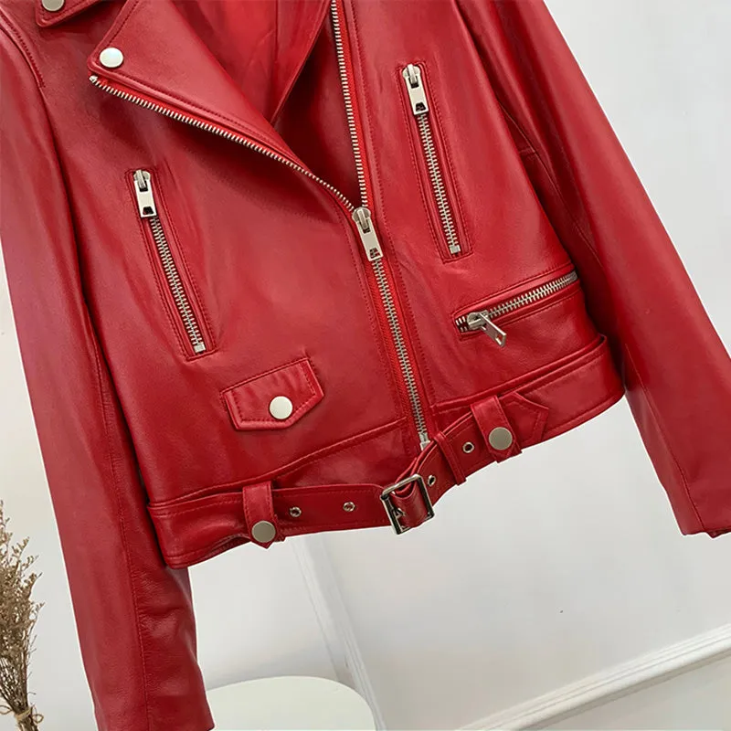 Women Genuine Leather Jackets Fashion Belt Motorcycle Jackets Biker Leather Coat For Lady 2022 Sheepskin FG4046