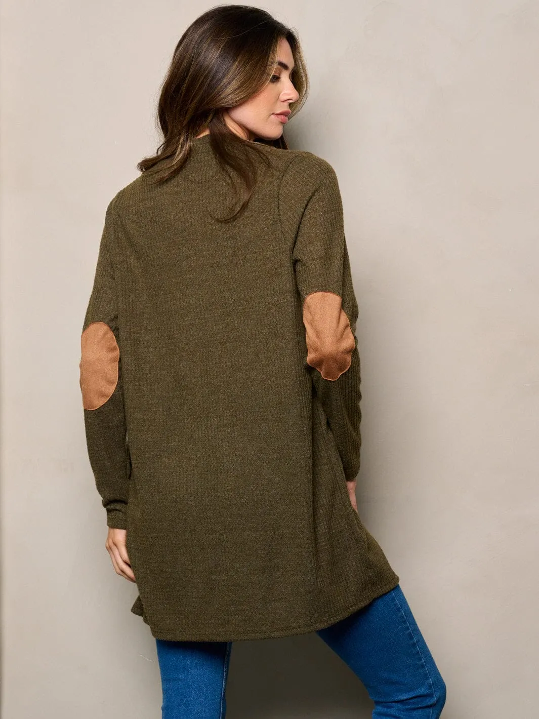 WOMEN'S LONG SLEEVE ELBOW PATCHED OPEN FRONT WAFFLE CARDIGAN