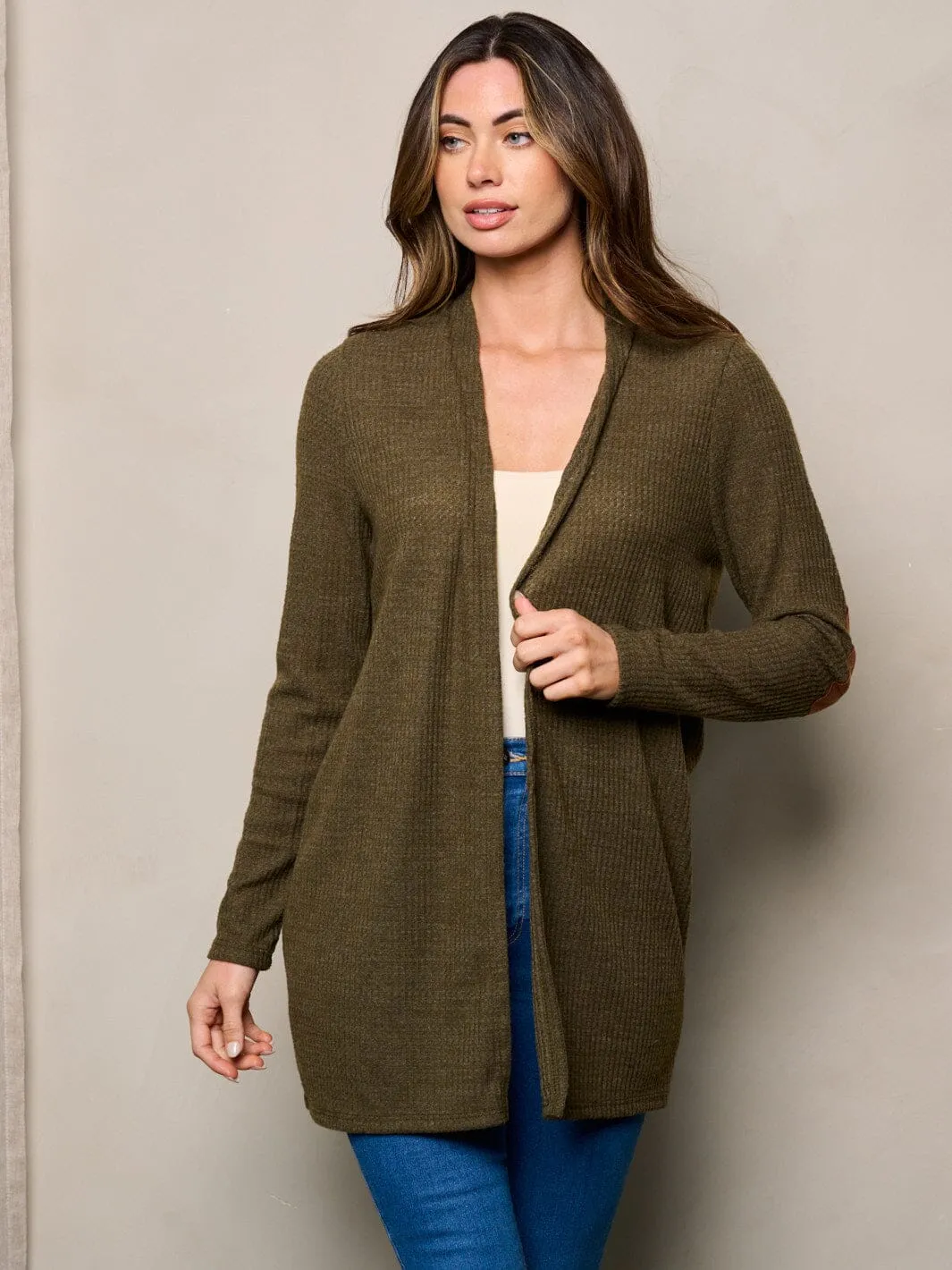 WOMEN'S LONG SLEEVE ELBOW PATCHED OPEN FRONT WAFFLE CARDIGAN