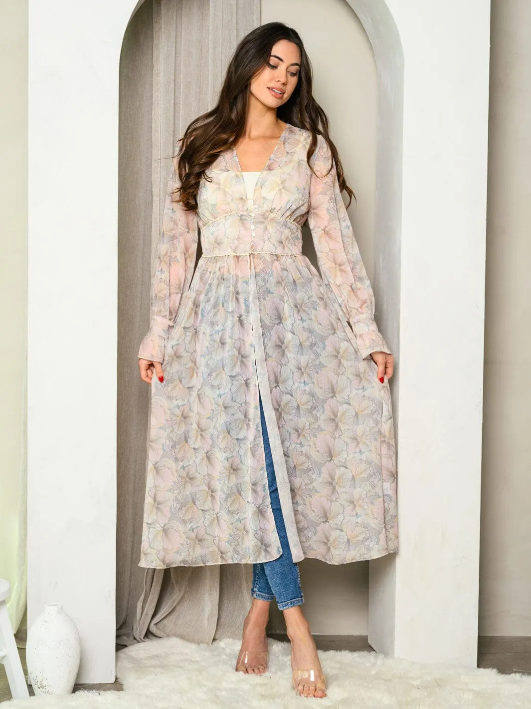 WOMEN'S LONG SLEEVE FLORAL DUSTER CARDIGAN