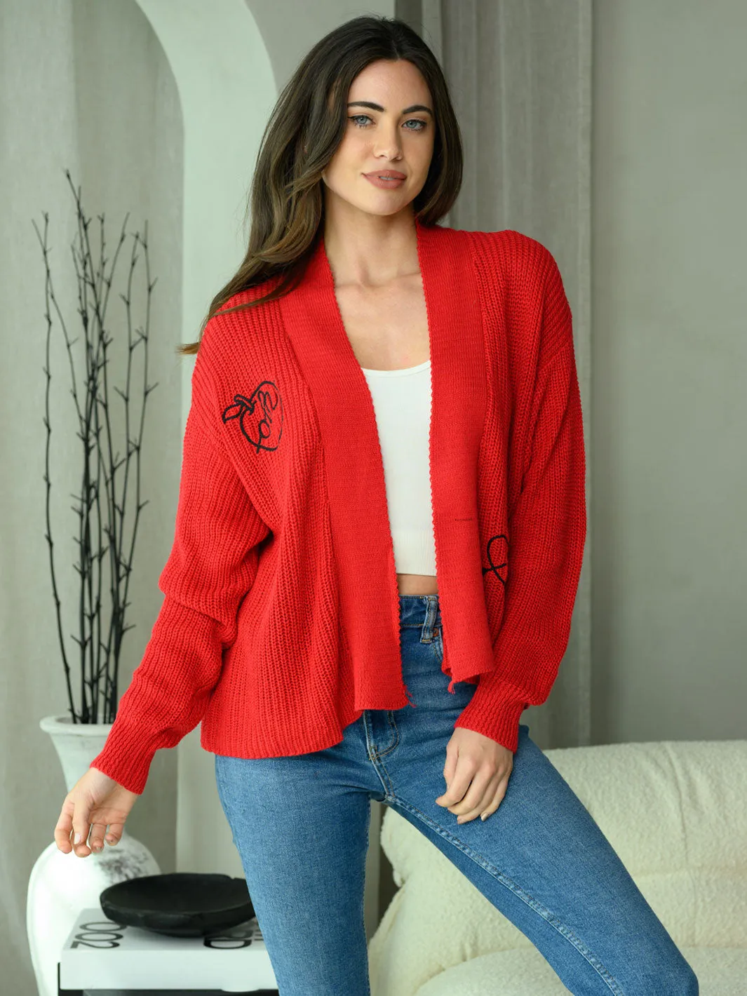 WOMEN'S LONG SLEEVE OPEN FRONT EMBROIDERY DETAIL SWEATER CARDIGAN