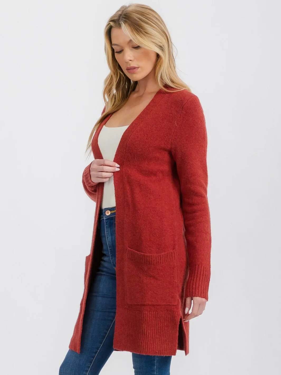 WOMEN'S LONG SLEEVE OPEN FRONT POCKETS CARDIGAN