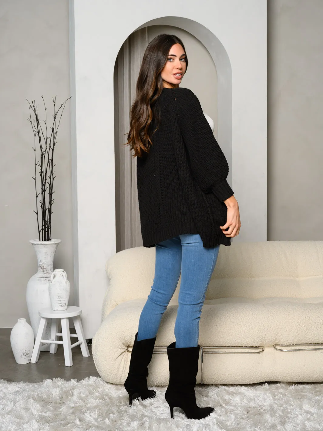 WOMEN'S LONG SLEEVE POCKETS OPEN FRONT KNIT CARDIGAN