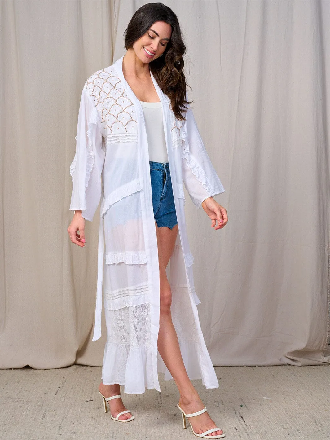 WOMEN'S LONG SLEEVES OPEN FRONT SELF TIE DETAILED KIMONO