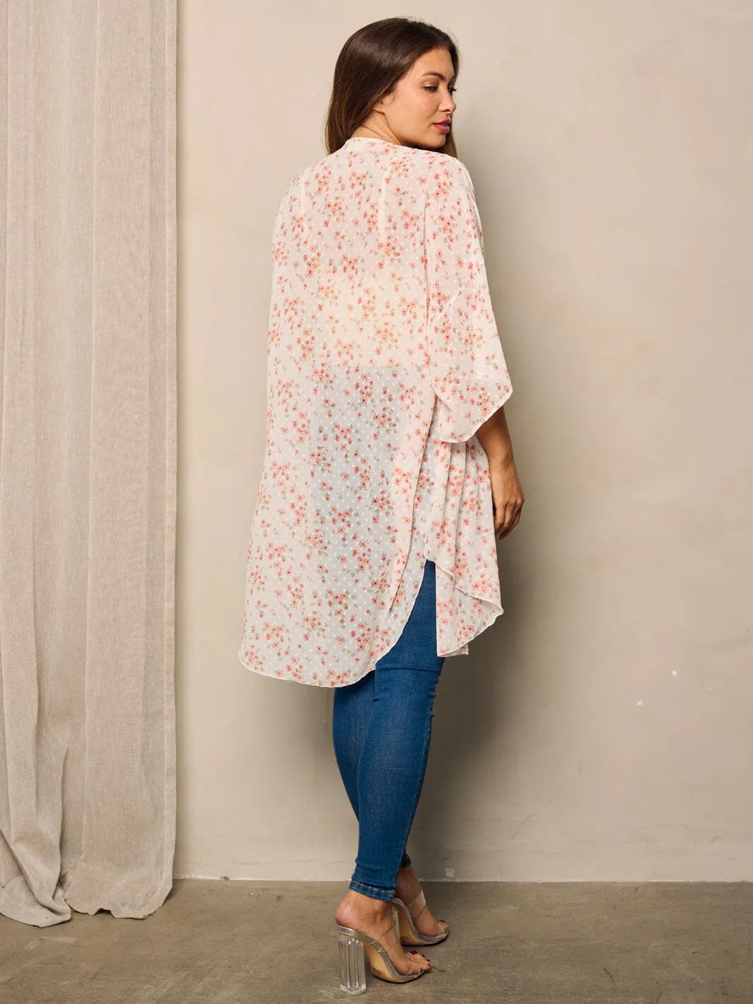 WOMEN'S SHORT SLEEVE OPEN FRONT SWISS DOTS FLORAL KIMONO